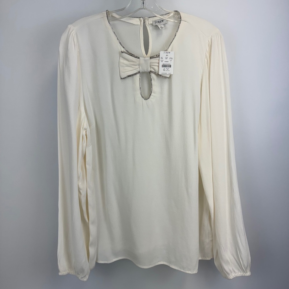 J.Crew Ivory Crystal‎ Bow Keyhole Blouse CF166 Womens Large NWT Holiday Party